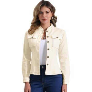 Women's Denim Jacket Classic Stand Collar Long Sleeve Jean Jacket Light Apricot